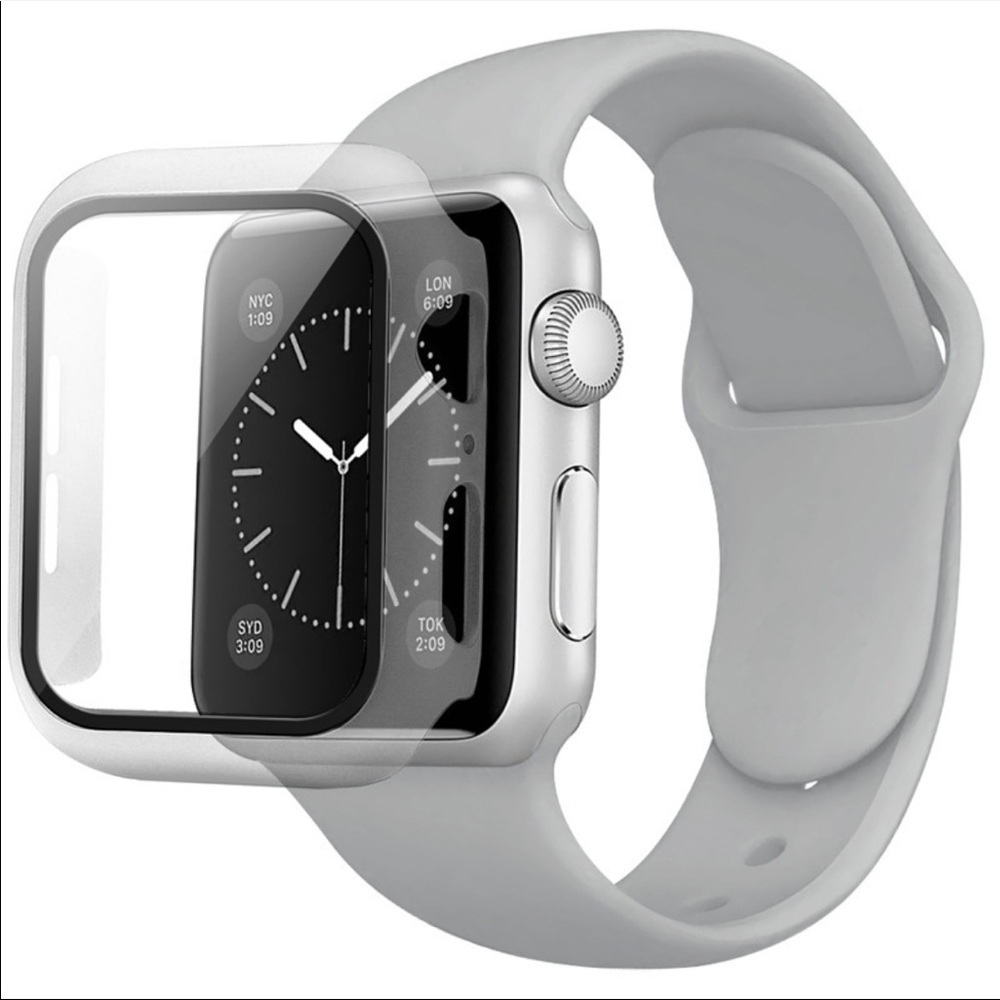 Grey silicone band and screen protector for Apple Watch. 40mm
